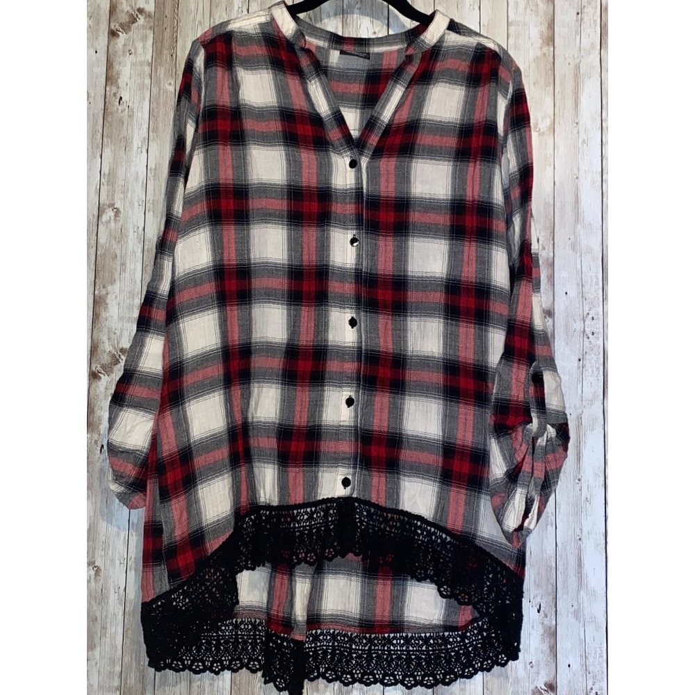 Wallpaper High Low Black Lace Hem Plaid Flannel Shirt Size Large